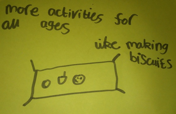 Child's drawing of idea; everyone making biscuits together